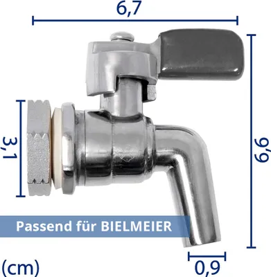 A close-up view of a metal faucet with dimensions indicated by measurement lines and numbers.
