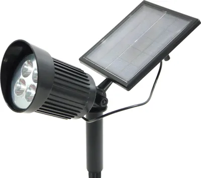 A black solar-powered LED spotlight with a solar panel attached.