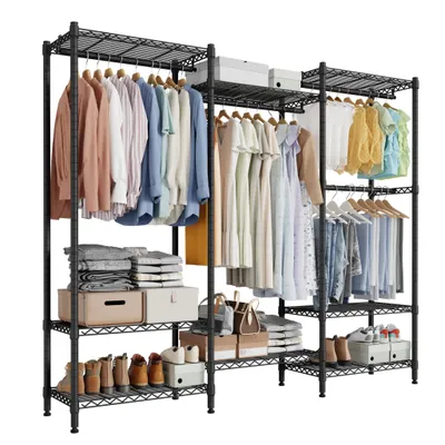Produktbild von Mondeer Kleiderständer mit 8 Ablagen & 4 Kleiderstangen, höhenverstellbar, bis 70 kg pro Ebene, vielseitige Aufbewahrung 40 x 175 x 180 cm Schwarz