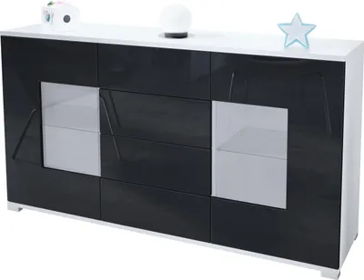 Produktbild von Vladon Sideboard Grömitz V1, Kommode mit 2 großen Türen und 4 Schubladen, Weiß matt/Schwarz Hochglanz (138,5 x 75,5 x 35)