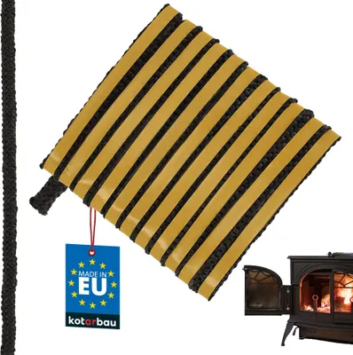 A product shot of fireplace sealing tape with a tag and a stove in the background.