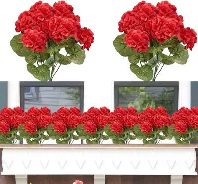 Imagen del producto de Flores artificiales de geranio, 2 unidades, flores de seda, resistentes a la intemperie y a los rayos UV, ideales para balcones y espacios exteriores