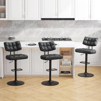 Immagine prodotto di Set di 3 sgabelli da bar, regolabili in altezza, in ecopelle, girevoli a 360°, con schienale e poggiapiedi, colore nero