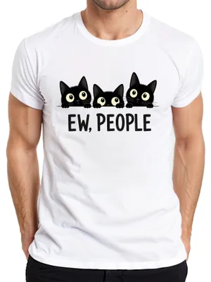 Immagine prodotto di T-shirt da uomo, colore bianco, taglia S, con stampa che raffigura gatti neri, cuccioli che sbirciano, con scritte e un tocco di sarcasmo
