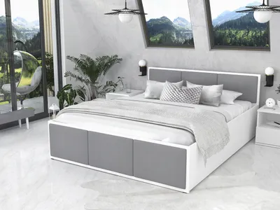 A modern bedroom with a large bed, large windows overlooking a mountainous landscape, and a hanging chair.