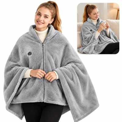 Produktbild von Beheizbare Kuscheldecke 160 × 90 cm, USB-Heizdecke mit 3 Temperaturstufen, weicher Plüsch, tragbar mit Reißverschluss, Grau