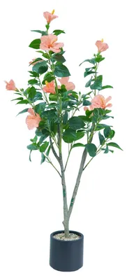 Produktbild von Hibiskus - Künstlicher Baum - Innenbereich - Bodenpflanze - Kunststoff - Schwarzer Topf - Blühend - Tiefrosa Blüten