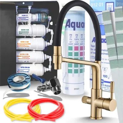 Immagine prodotto di Rubinetto da cucina a 3 vie Ari Flexible, doccetta estraibile e girevole 360 gradi, per acqua filtrata, ottone oro spazzolato