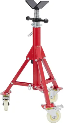 Produktbild von Rohrständer - V-Kopf Rohrbock - Höhenverstellbar - Klappbar - Mit Rollen - Legierter Stahl - Zum Schweißen - Rot