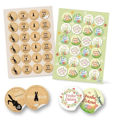 Produktbild von SET 96 Frohe Ostern Aufkleber Osterhase Osterdeko bunt Osteretiketten rund Verpackung Kindergeschenke Geschenke Give-Away grün gelb pink beige