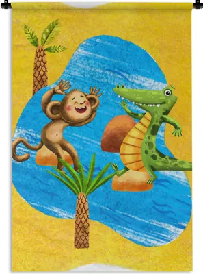 Produktbild von MuchoWow® Wandteppich Wandbehang Affe - Krokodil - Wasser - Palme 60x90 cm Tapisserie Dekoration Wandtuch - Foto-Teppich - Abwaschbar