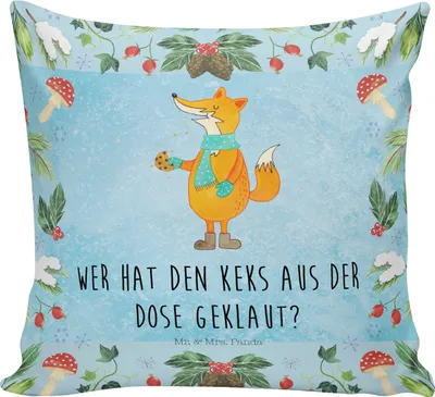 Produktbild von Mr. & Mrs. Panda Sofa Kissen Fuchs Keksdose - Eisblau - Geschenk, Weihnachten, Kuschel, kuschelkissen 40x40, Dekokissen, Couchkissen, Zierkissen