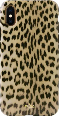 A close-up view of a phone case with a leopard print pattern.