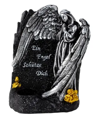 Produktbild von Grabengel Gedenkstein mit Spruch und Kerzenhalter schwarz silber gold 21 cm