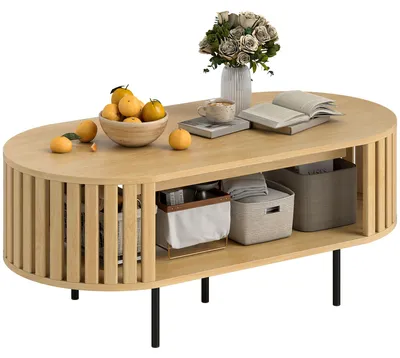 Produktbild von Ovaler Couchtisch, Wohnzimmertisch mit Stauraum, abgerundete Ecken, Lattenrost, 100 x 50 x 40 cm, Holzoptik
