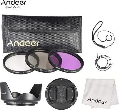 Produktbild von Andoer 52mm Filter Kit (UV + CPL + FLD) + Nylon tragen Beutel + Objektivdeckel + Cap Linsenhalter + Gegenlichtblende + Objektiv Reinigungstuch