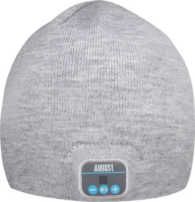 A gray knitted beanie with a small control panel attached to the front.