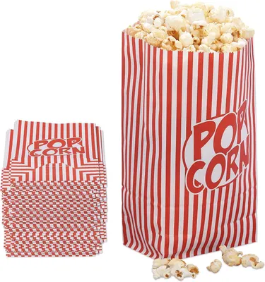Produktbild von Popcorn-Tüten – Set mit 100 Stück – gestreift – Retro-Design – für Kino – Filmabend – Papier-Popcornbecher – rot – weiß