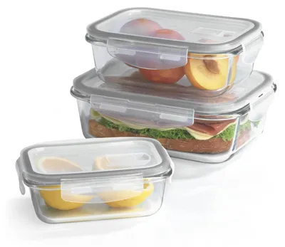 Productafbeelding van GOURMETmaxx Glazen vershoudcontainers "Klick-it", set van 3 | Geschikt voor vaatwasser, magnetron en vriezer | Opbergboxen met deksel | Grijs **