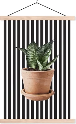 Produktbild von MuchoWow® Textilposter Pflanze - Blumentopf - Weiß - Schwarz 120x180 cm mit holzfarbenen Rahmen - Textil-Plakat