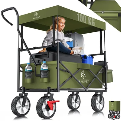 Produktbild von KESSER® Bollerwagen faltbar mit Dach Handwagen Transportkarre Gerätewagen | inkl. 2 Netztaschen und Einer Außentasche | klappbar | Vollgummi-Reifen | bis 100 kg Tragkraft | Mit Vorderrad-Bremse