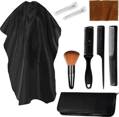 Productafbeelding van Kappersset 8-delig kapperscape + nekborstel + kapperskammen + dubbele trimmer + twee metalen clips + etui + doekje