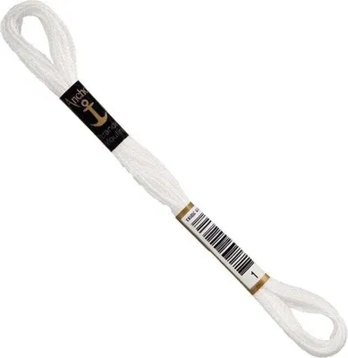 A single skein of white embroidery thread is shown diagonally against a white background.
