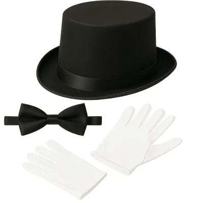 Produktbild von Kostüm Zubehör Set für Herren – Zylinderhut, weiße Handschuhe, Fliege – für Karneval, Show & Theater – Magier Butler Gentleman Schornsteinfeger (58)
