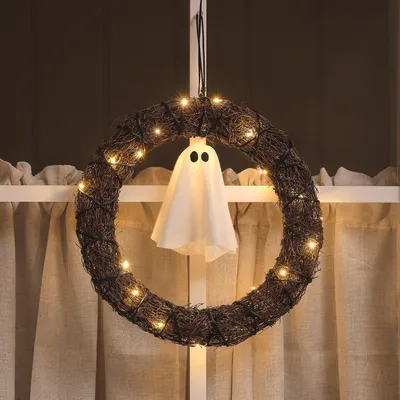 Halloween-Deurkrans mit Geist, 20 LEDs, Timer, 30 cm