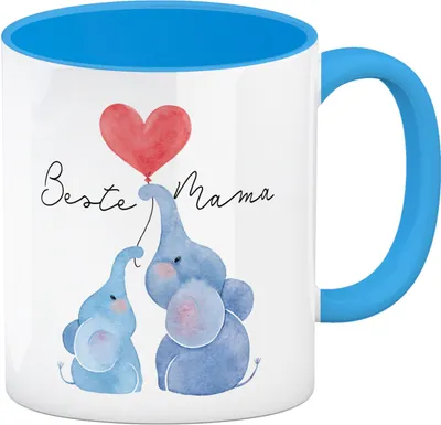 Produktbild von Elefant Mutter und Kind Kaffeebecher in hellblau mit Spruch Beste Mama