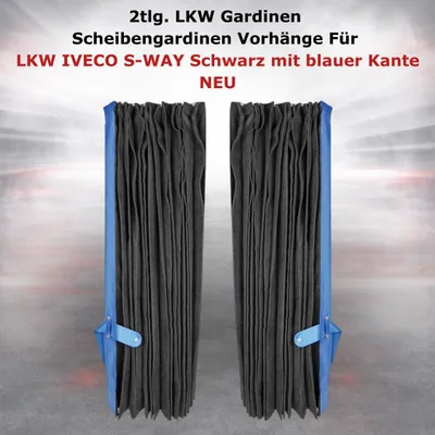 Obrázek produktu pro 2 kusy závěsů do nákladního vozidla, žaluzie do oken, závěsy. Pro nákladní vozidlo IVECO S-WAY. Černá barva s modrým lemem.