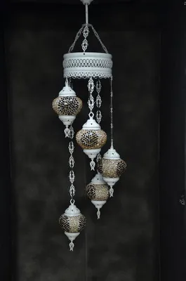 Immagine prodotto di Lampada a sospensione in vetro marrone con mosaico colorato, 5 sfere, lampada da soffitto orientale marocchina