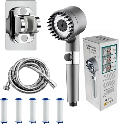 Produktbild von Duschkopf mit Filter, 3 Strahlarten und Pauseknopf – Handbrause mit Silikonmassage, einstellbarem Wasserfluss