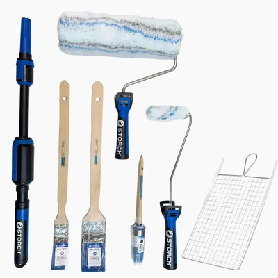 Produktbild von Storch Profi Malerset Renovierungsset 9-tlg. Farbroller Set Farbroller mit Teleskopstange Steckbügel Kleinwalze und Großwalze Abstreifgitter und Heizk