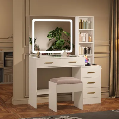 Productafbeelding van INONEFT Schminktafel, 110x36x140 cm, met LED-spiegel, glazen blad, 3 helderheidsniveaus, 5 lades, make-up tafel met krukje en föhnbevestiging, wit