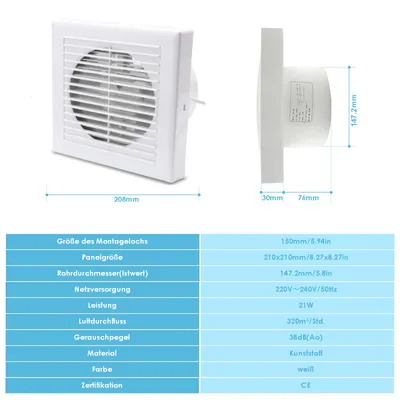 Immagine prodotto di Wolketon Ventilatore da bagno Ventilatore da parete silenzioso bianco WC 150 mm Con deflettore