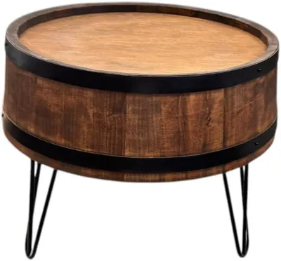 Immagine prodotto di Tavolino da salotto a botte, rotondo da 51 cm, in legno di ontano con fasce metalliche, gambe a forcina, marrone-nero
