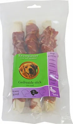 Produktbild von Natursnackbeutel mit 3 gedrehten Stangen mit Ente 17 cm Kauspaß - Gebr de boon