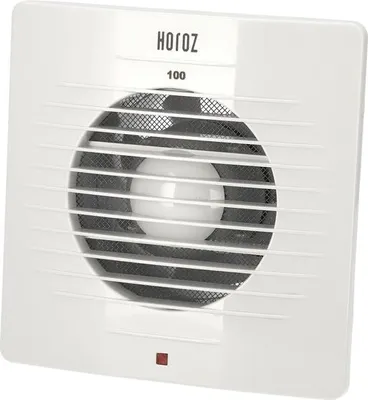 A white ventilation fan with a circular grille and a small red indicator light.