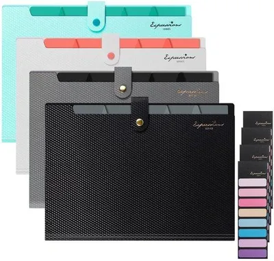 Image de Classeur d'archivage A4 extensible, comprenant un compartiment de rangement à 5 compartiments avec une boîte d'étiquettes à 4 compartiments et des étiquettes lavables, extensible et facile à transporter.