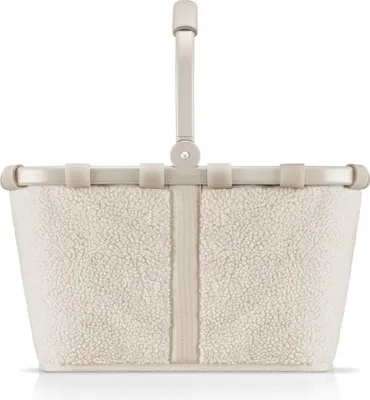 A cream-colored teddy fleece basket with a beige handle and straps, shown against a white background.