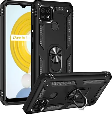 Produktbild von OPPO Realme C21 Hülle, Dual Layer Militäre Fallschutz Schutzhülle mit Ringhalterung Ständer für OPPO Realme C21 Schwarz