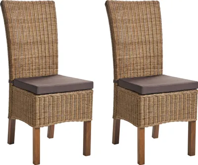 Produktbild von BELIANI Esszimmerstuhl 2er Set Braun Rattan mit Sitzkissen Mangoholzbeine Hoher Rückenlehne ohne Armlehnen Rattanstuhl modernes Design für den Innenbereich
