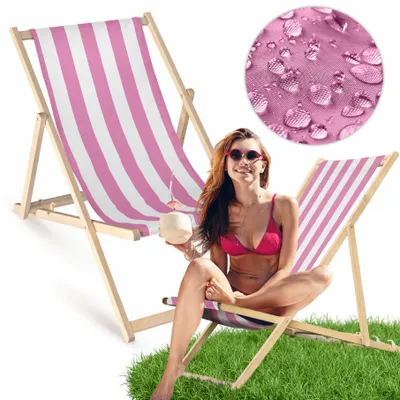 Produktbild von Liegestuhl klappbar aus Holz mit weiß-rosa Streifen-Motiv – Klappstuhl Klappliege Sonnenstuhl Strandstuhl Gartenliege