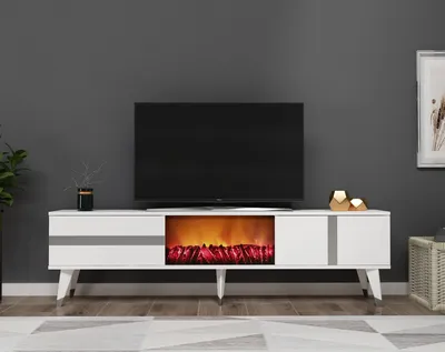 Obrázok produktu pre Skye Decor, Krb Vania - biely, strieborný, TV stojan, biely, 100 % MELAMÍNOM POTRIEBOVANÁ DOSKA, 150 x 50 x 29,6 cm