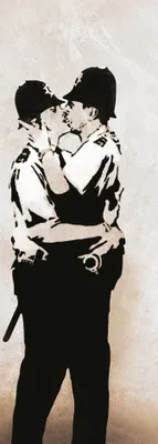 Produktbild von Banksy Kunstdruck Bild - Küssende Polizisten, Bobbies, Kissing Coppers (158 x 53 cm)