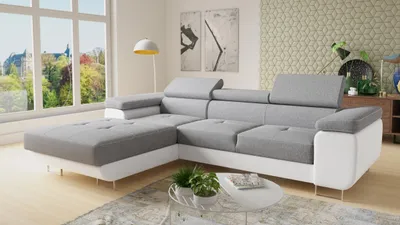 Produktbild von Ecksofa Divo mit einstellbare Kopfstützen und Schlaffunktion, Couchgarnitur, Sofagarnitur, Couch, Schlafsofa (Weiß + Grau (Soft 017 + Sawana 21), Ecksofa Links)