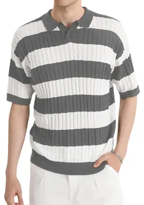 Imagen del producto de Camiseta polo para hombre, manga corta, diseño elegante a rayas, color gris, talla L