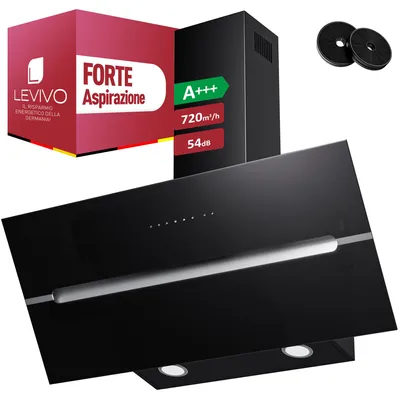 Immagine prodotto di LEVIVO A+++ Cuffia di aspirazione senza testa 90 cm ricircolo e scarico dell'aria con prestazioni d'aria di 720 m³/h, cuffia di aspirazione con 2 filtri a carboni attivi, 1 filtro antigrasso, 3 livelli
