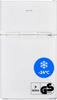 A white Medion mini refrigerator-freezer combination unit is shown from the front against a white background.
